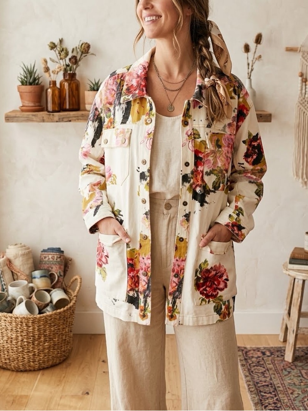 Anthropologie Pilcro The Wanderer Floral Utility Jacket White Multi Size XL - Picture 14 of 14